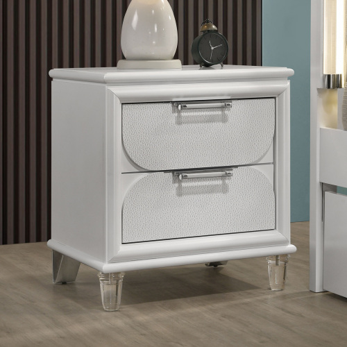 Contemporary Pearl White 1pc Nightstand Acrylic Handles Embossed Panels English Dovetails 2-Drawers Bedside Table - Engineered Wood,Rubber Wood - Classic,Contemporary,Glam - Bedroom - 2 Drawers - Easy Assembly - Bedside Cabinet - Engineered Wood - Rubber Wood - Not Specified - Not Specified - Not Specified - Not Specified - Not Specified - Not Specified - Not Specified