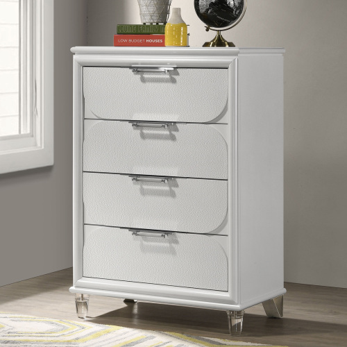 Contemporary Glam Pearl White 1pc Chest of Drawers Acrylic Handles Embossed Panels English Dovetails 5-Drawers Tall Dresser - Engineered Wood,Rubber Wood - Classic,Contemporary,Glam - Bedroom - Not Specified - Not Specified - Not Specified - Not Specified - Engineered Wood - Rubber Wood - Not Specified - Not Specified - Not Specified - Not Specified - Not Specified - Not Specified - Not Specified