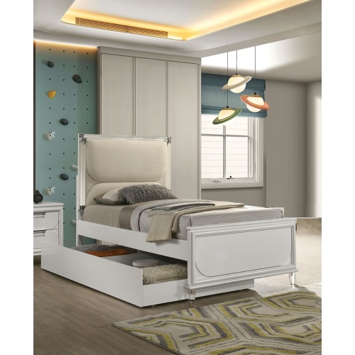 Contemporary Glam Pearl White Upholstered Twin Size Bed w LED W Trundle Embossed Panel 1pc Bedframe Bedroom Furniture - Engineered Wood,Fabric,Rubber Wood - Classic,Contemporary,Glam - Not Specified - Not Specified - Not Specified - Not Specified - Engineered Wood - Fabric - Bed Frame - Box Spring Required - Wood - Not Specified - Not Specified - Not Specified