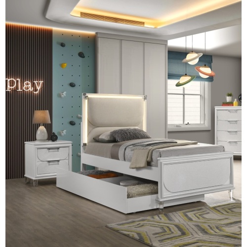 Contemporary Glam Pearl White Twin Size Bed W Trundle 2x Nightstands Embossed Panel 3pc Bedframe Bedroom Furniture - Engineered Wood,Fabric,Rubber Wood - Classic,Contemporary,Glam - Not Specified - Not Specified - Not Specified - Not Specified - Engineered Wood - Fabric - Not Specified - Box Spring Required - Wood - Bed Included,Nightstand Included - 3 Piece Set - Built-in Lighting