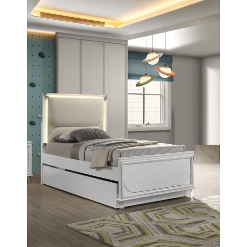 Contemporary Glam Pearl White Full Size Bed Only LED Embossed Panel 1pc Bedframe Trundle Not Included. - Engineered Wood,Fabric,Rubber Wood - Classic,Contemporary,Glam - Bedroom - Not Specified - Not Specified - Not Specified - Not Specified - Engineered Wood - Fabric - Bed Frame - Box Spring Required - Wood - Not Specified - Not Specified - Not Specified