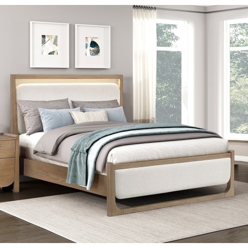 1pc Modern Light Brown Finish Upholstered LED Bed Queen Size Stunning Design Wooden Bedroom Furniture - Contemporary,Modern - Not Specified - Not Specified - Not Specified - Box Spring Required - Polyester