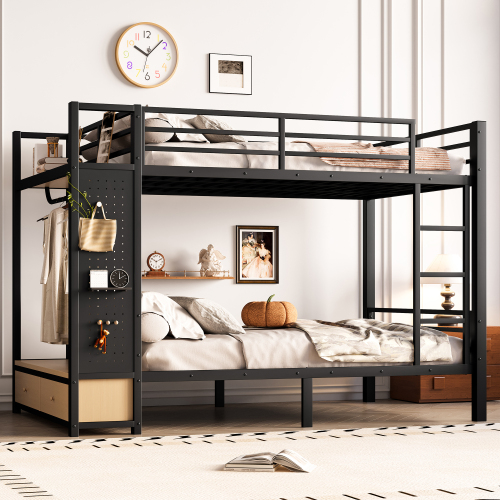 Full over Full size Metal Bunk Bed for Teens with Storage Shelves ,Drawers and Pegboard,Black - MDF+Metal - Not Specified