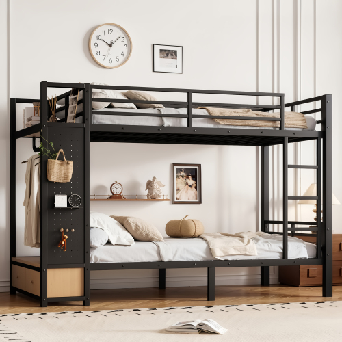 Twin XL over Twin XL size Metal Bunk Bed for Teens  with Storage Shelves ,Drawers and Pegboard,Black - MDF+Metal - MDF