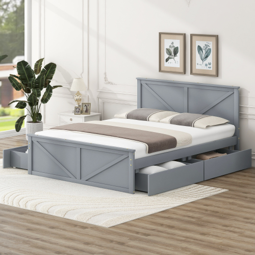 Queen Size Wooden Platform Bed with Four Storage Drawers and Support Legs, Gray - Pine
