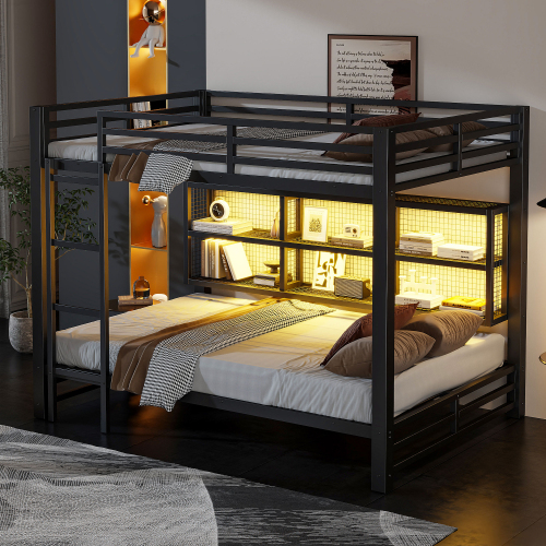 Metal Queen over Queen Bunk Bed with Storage Cabinets and LED, Black - Bedroom - Box Spring Not Required
