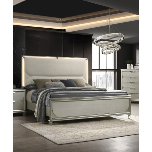 Contemporary Glam Silver Fabric Upholstered Queen Size Bed w LED Embossed Panel 1pc Bedframe Bedroom Furniture - Engineered Wood,Fabric,Rubber Wood - Classic,Contemporary,Glam - Bed Frame - Box Spring Required - Wood - Engineered Wood - Not Specified - Not Specified - Not Specified - Not Specified - Not Specified - Not Specified - Not Specified - Not Specified