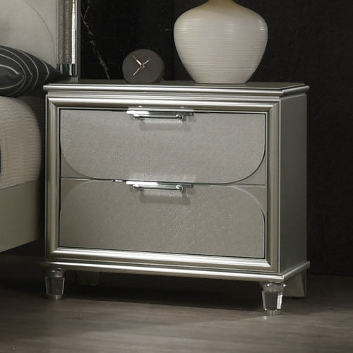 Contemporary Silver 1pc Nightstand Acrylic Handles Embossed Panels English Dovetails 2-Drawers Bedside Table - Engineered Wood,Rubber Wood - Classic,Contemporary,Glam - Not Specified - Not Specified - Not Specified - Bedroom - Not Specified - Engineered Wood - Rubber Wood - 2 Drawers - Easy Assembly - Bedside Cabinet - Not Specified - Not Specified - Not Specified - Not Specified
