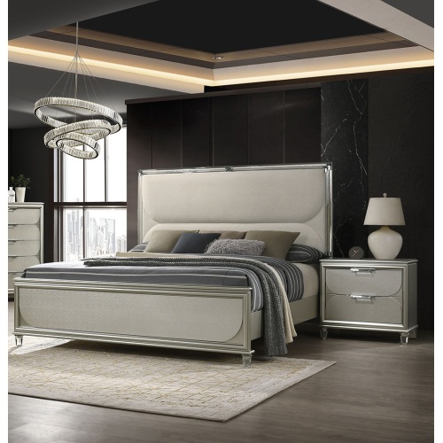 Glamorous Luxury Silver Fabric Upholstered Queen Size Bed w LED 2x Nightstands Embossed Panel 3pc Set Bedroom Furniture - Engineered Wood,Fabric,Rubber Wood - Classic,Contemporary,Glam - Not Specified - Box Spring Required - Wood - Engineered Wood - Not Specified - Not Specified - Not Specified - Not Specified - Bed Included,Nightstand Included - 3 Piece Set - Built-in Lighting - Not Specified