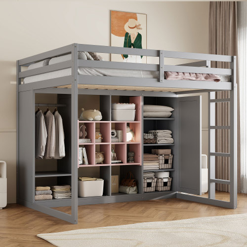 Full Size Wood Loft Bed with Wardrobe, shelves and  Cabinet, Gray+Pink - Pink+Grey - Solid Wood+MDF - Solid Wood - Grey
