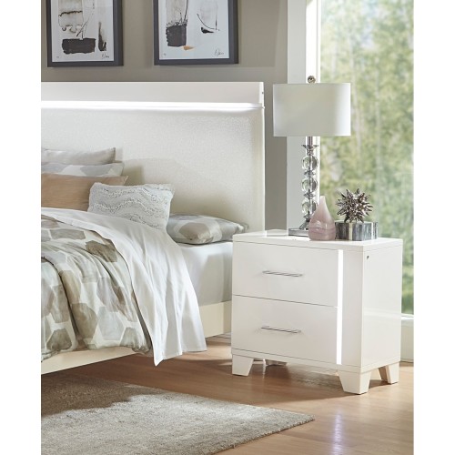 White High Gloss Finish Modern Bedroom 1pc Nightstand with LED Light Wooden Furniture Luxury Bedside Table - 2 Drawers - Bedside Cabinet - Not Specified - Not Specified - Not Specified - Not Specified - Not Specified