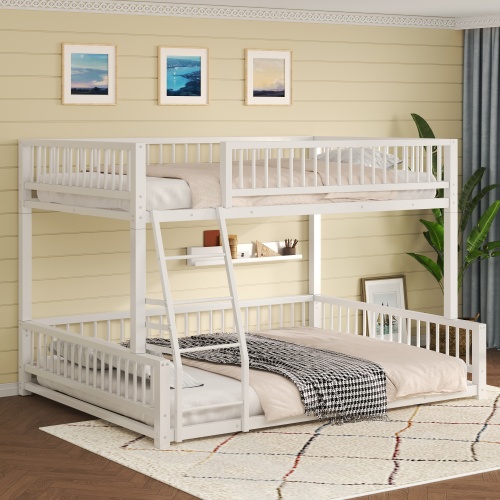 Full XL over Queen Floor Bunk Bed Frame with Ladder and Safety Guardrails, Easy Assemble, White - Metal - Box Spring Not Required - Metal - Metal
