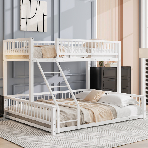 Twin XL over Queen Floor Bunk Bed Frame with Ladder and Safety Guardrails, Easy Assemble, White(Old SKU:N709P277756K) - Metal - Not Specified - Not Specified - Not Specified - Metal - Not Specified