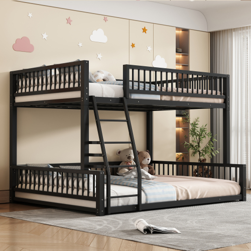 Full XL over Queen Floor Bunk Bed Frame with Ladder and Safety Guardrails, Easy Assemble, Black(Old SKU: N709P277757B) - Metal - Not Specified - Not Specified - Not Specified - Metal - Not Specified