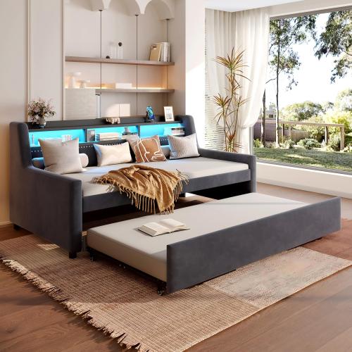 Twin Size Daybed with Trundle, Upholstery Daybed with LED Light ＆ Charging Station, Velvet Day Bed with Wood and Metal Frame - DARK GREY