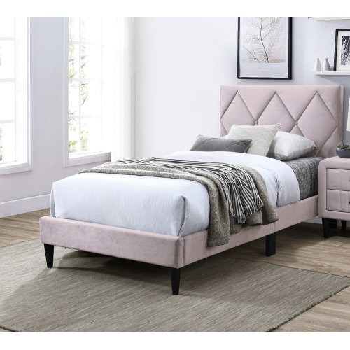 Twin Size Bed w Adjustable Headboard 1pc Bedframe, Light Pink Velvet Upholstered Youth Bedroom Furniture - Particle Board+MDF - Foam - Classic,Contemporary,Mid-Century Modern,Modern - Bed Frame - Box Spring Not Required - Wood - Not Specified - Not Specified - Not Specified - Not Specified - Not Specified - Not Specified