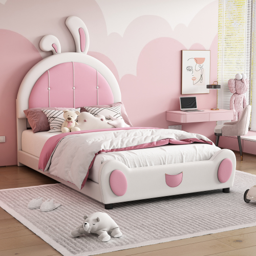 Twin Size Upholstered Platform Bed with Rabbit Shaped Headboard, White - White+Pink - Bedroom - Bed Frame - Box Spring Not Required - Faux Leather - Wood