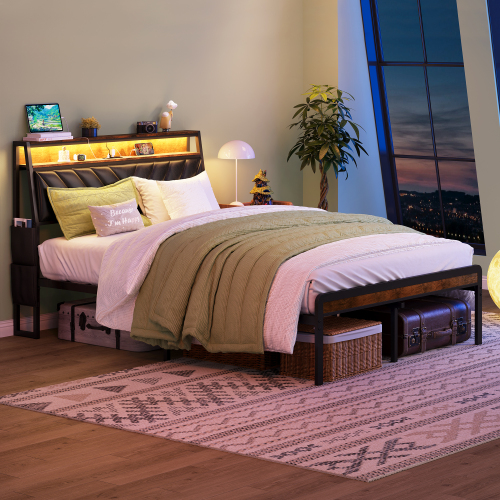 Full size Platform Bed Frame with 105-Degree Tilted Upholstered Headboard, Charging Station, LED Lights, Noiseless, Black and Brown - Antique brown - Iron