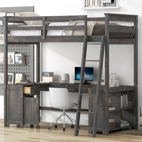 Twin Size Loft Bed with U-shaped Desk, Drawers and Storage Shelves, Antique Brown - Solid Wood+MDF - Bedroom - Box Spring Not Required - Wood