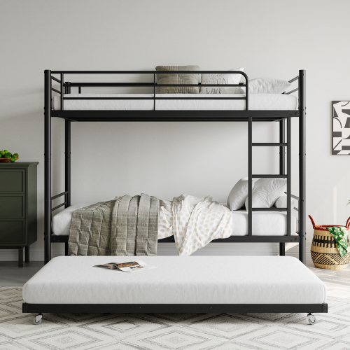 Twin Bunk Bed with Trundle Metal Bunkbeds with Ladder and Full-Length Guardrail, Noise Free, No Box Spring Needed, Black - Modern - Bedroom - Box Spring Not Required - Twin over Twin Bunk Trundle Bed
