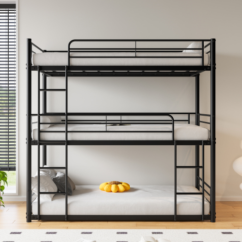 Triple Twin Bunk Beds, Twin Over Twin Over Twin Metal Bunk Bed Platform Frame, Two Attached Ladders, Easy Access Guard-Rail, No Box Spring Need (Black) - Modern - Bedroom - Bed Frame - Box Spring Not Required - Twin orver Twin over Twin Bed (New)