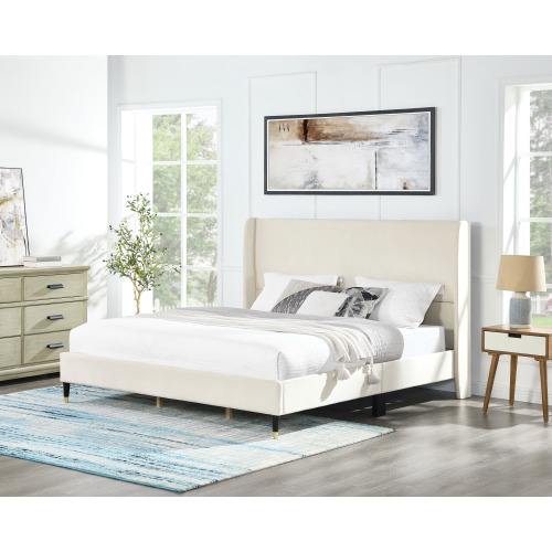 Rozitta Beige Velvet Wingback Platform Bed, King - Particle Board+MDF - MDF - Contemporary - Bedroom - Box Spring Not Required - Wood - Beige Velvet King Bed