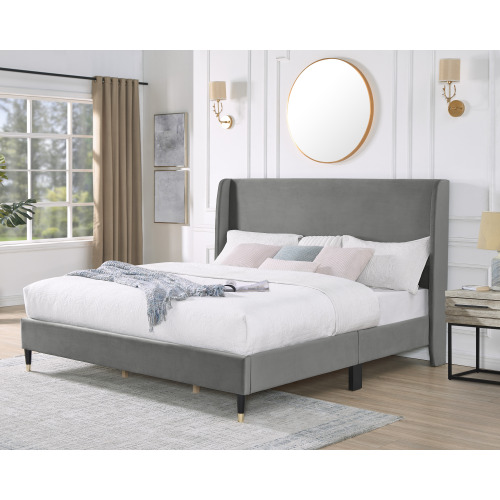 Rozitta Gray Velvet Wingback Platform Bed, King - Gray Velvet King Bed - Particle Board+MDF - MDF - Contemporary - Bedroom - Box Spring Not Required - Wood - Not Specified