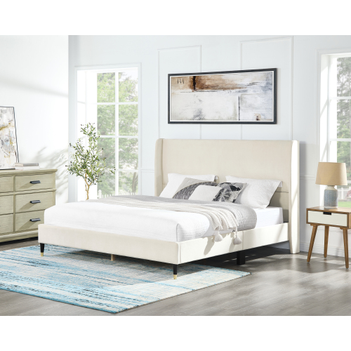 Rozitta Beige Velvet Wingback Platform Bed, Queen - Particle Board+MDF - MDF - Contemporary - Bedroom - Box Spring Not Required - Wood - Beige Velvet Queen Bed