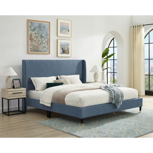 Rozitta Blue Fabric Wingback Platform Bed, Queen - Blue Polyester Queen Bed - Particle Board+MDF - MDF - Contemporary - Bedroom - Box Spring Not Required - Polyester - Wood - Not Specified
