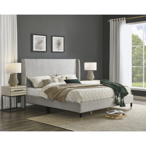 Rozitta Light Gray Fabric Wingback Platform Bed, King - Gray Polyester King Bed - Particle Board+MDF - MDF - Contemporary - Bedroom - Box Spring Not Required - Polyester - Wood - Not Specified