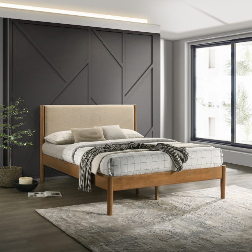 Vichy Rubberwood Platform Bed in Light Walnut, Queen - Textured Polyester Headboard Queen Bed - Rubber Wood - Contemporary - Bedroom - Panel - Box Spring Not Required - Brown - Polyester - Not Specified