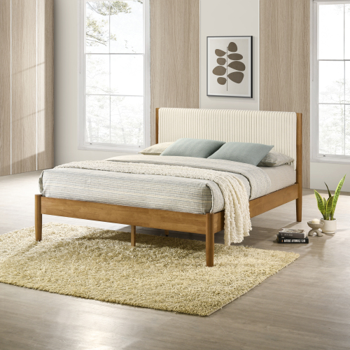 Vichy Rubberwood Platform Bed in Light Walnut, Queen - Corduroy,Rubber Wood - Contemporary - Bedroom - Panel - Box Spring Not Required - Brown - Polyester - Corduroy Headboard Queen Bed