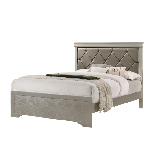 Modern 1pc Beige Champagne Finish King Size Panel Bed Wooden Crocodile Texture PU Upholstered Headboard Crystal-Like Button Tufted Fabric Bedroom Furniture - Solid Wood - Not Specified - Not Specified - Not Specified - Box Spring Required - Not Specified