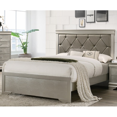 Modern 1pc Beige Champagne Finish Full Size Panel Bed Wooden Crocodile Texture PU Upholstered Headboard Crystal-Like Button Tufted Fabric Bedroom Furniture - Solid Wood - Not Specified - Not Specified - Box Spring Required - Not Specified - Not Specified