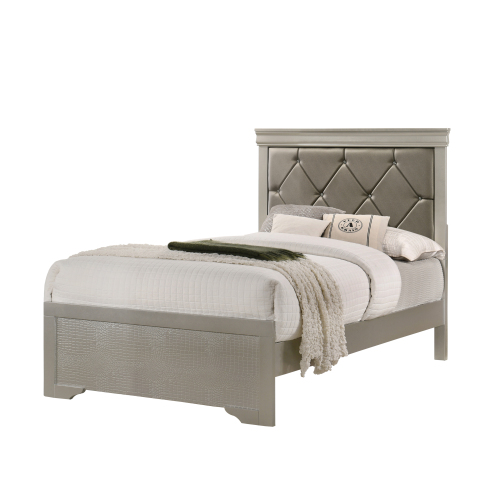 Modern 1pc Beige Champagne Finish Twin Size Panel Youth Bed Wooden Crocodile Texture PU Upholstered Headboard Crystal-Like Button Tufted Fabric Bedroom Furniture - Solid Wood - Not Specified - Box Spring Required - Not Specified - Not Specified