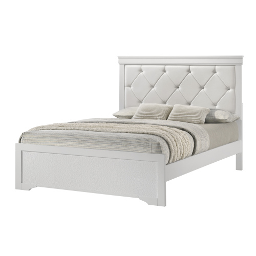 Modern 1pc White Finish Queen Size Panel Bed Upholstered Headboard Crystal-Like Button Tufted Texture Wood Bedroom Furniture - Not Specified - Box Spring Required - Not Specified