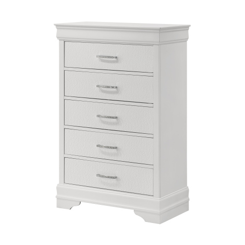 5-Drawer Tall Chest Modern 1pc White Texture Finish Solid Wood Wooden Crystal Tufted Handle Bedroom Home Furniture - Not Specified - Not Specified - Not Specified - Not Specified - Not Specified - Not Specified