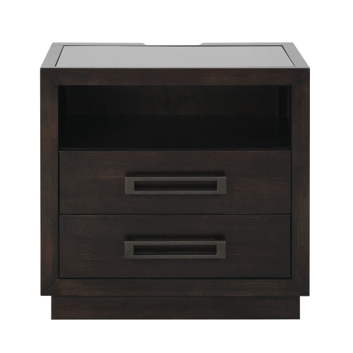 Modern Bedroom Furniture 1pc Nightstand of 2x Drawers LED Light Storage Cubby USB Ports Power Outlets Charcoal Finish Glass Insert Top Stylish Bed-Side Table - Wood - 2 Drawers - Bedside Cabinet - Not Specified - Not Specified - Not Specified - Not Specified