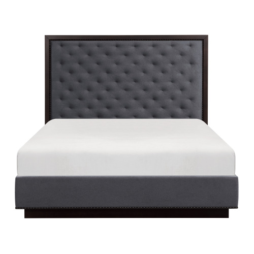 Modern Bedroom Furniture Charcoal Finish 1pc Queen Bed Tufted Headboard Fabric Upholstery Nailhead Trim Stylish Bed - Wood - Not Specified - Not Specified - Not Specified - Box Spring Required - Polyester - Wood