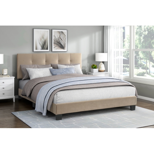 1pc Queen Platform Bed Light Brown Velvet Upholstered Adjustable Height Headboard Button Tufted Solid Wood Bedroom Furniture - Box Spring Not Required