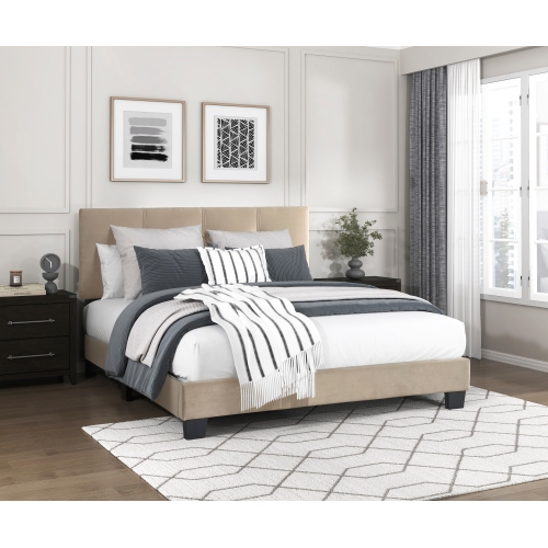 1pc Full Platform Bed Light Brown Velvet Upholstered Adjustable Height Headboard Button Tufted Solid Wood Bedroom Furniture - Box Spring Not Required