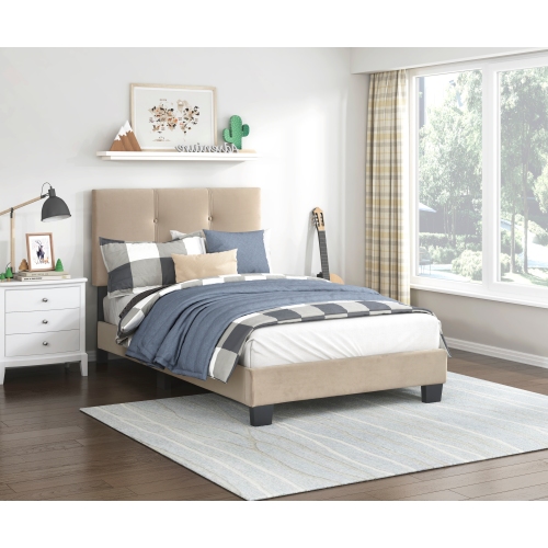 1pc Twin Platform Bed Light Brown Velvet Upholstered Adjustable Height Headboard Button Tufted Solid Wood Bedroom Furniture - Box Spring Not Required