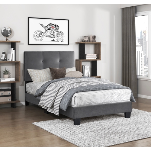 1pc Twin Platform Bed Dark Gray Velvet Upholstered Adjustable Height Headboard Button Tufted Solid Wood Bedroom Furniture - Box Spring Not Required