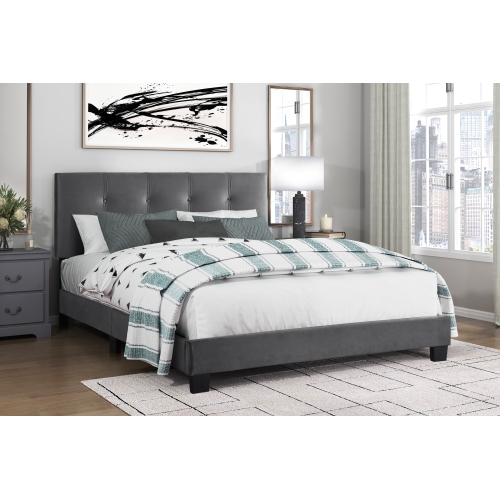 1pc Queen Platform Bed Dark Gray Velvet Upholstered Adjustable Height Headboard Button Tufted Solid Wood Bedroom Furniture - Box Spring Not Required