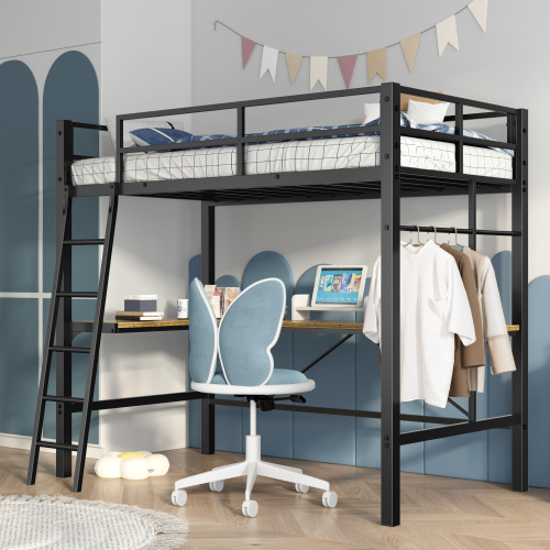 Twin Metal Loft Bed with L-Shaped Desk, Charging Station Loft Bed Frame Twin Size, Safety Guard & Ladder, No Box Spring Needed, Black - Antique Black - MDF+Metal - Industrial,Modern - Bedroom - Bunk - Box Spring Not Required