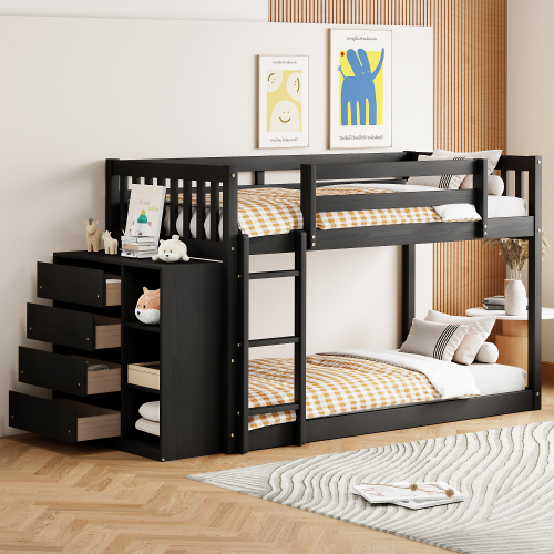 Twin over Twin Bunk Bed with 4 Drawers and 3 Shelves-Espresso - Solid Wood