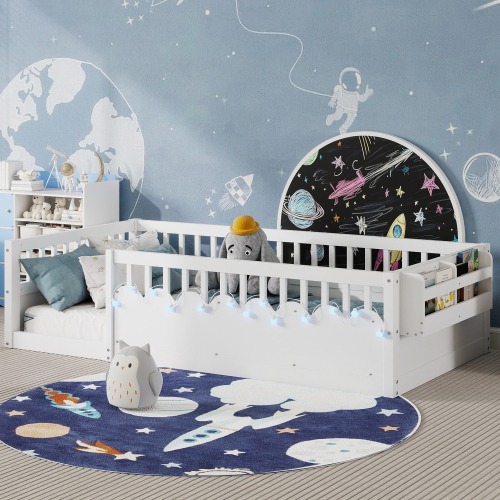 Twin Montessori Floor Bed Frame with High Rails, Wood Kids Floor Beds with Light and Storage Shelf, White (Expect Arrival Date 2025/8/15)