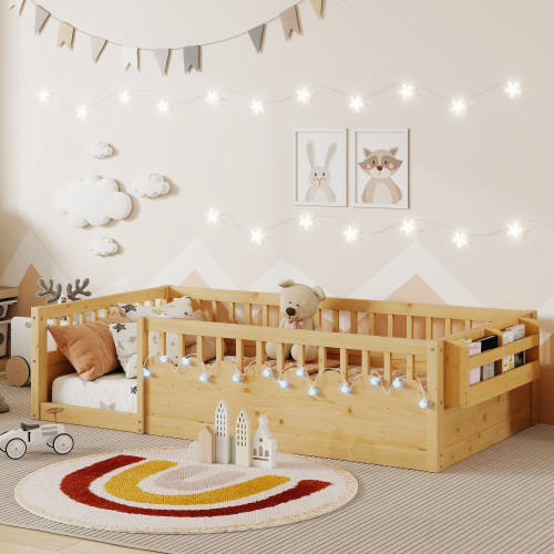 Twin Montessori Floor Bed Frame with High Rails, Wood Kids Floor Beds with Light and Storage Shelf, Natural (Expect Arrival Date 2025/8/15)