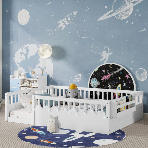 Full Montessori Floor Bed Frame with High Rails, Wood Kids Floor Beds with Light and Storage Shelf, White (Expect Arrival Date 2025/8/15)