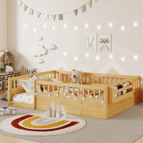 Full Montessori Floor Bed Frame with High Rails, Wood Kids Floor Beds with Light and Storage Shelf, Natural (Expect Arrival Date 2025/8/15) - Not Specified